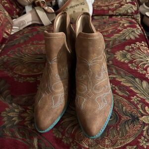 Jolimall Women Split Ankle Boot 8 Cognac‎ with Teal Soles Stitch Western